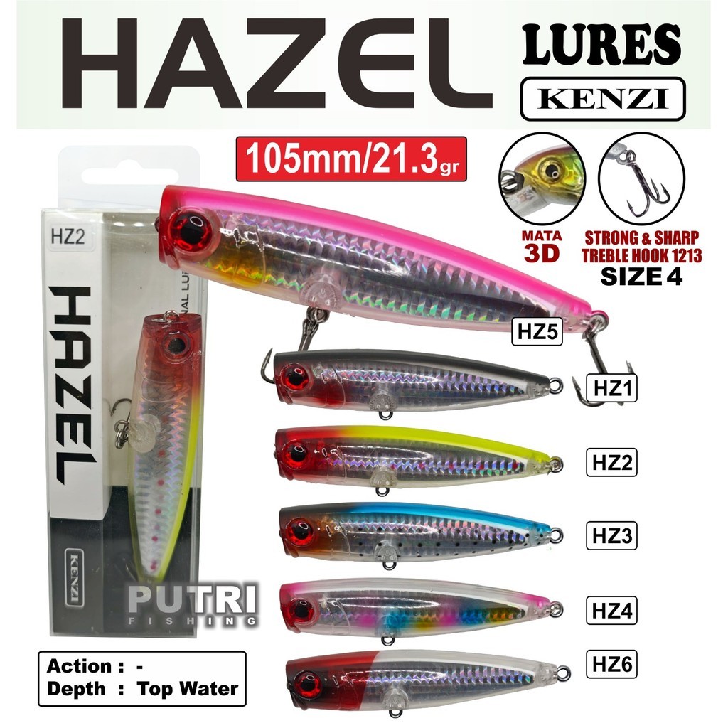 LURE KENZI HAZEL 105mm 21.3gr - POPPER TOP WATER with TREBLE HOOK size 4 Umpan Pancing Gabus GT Bara