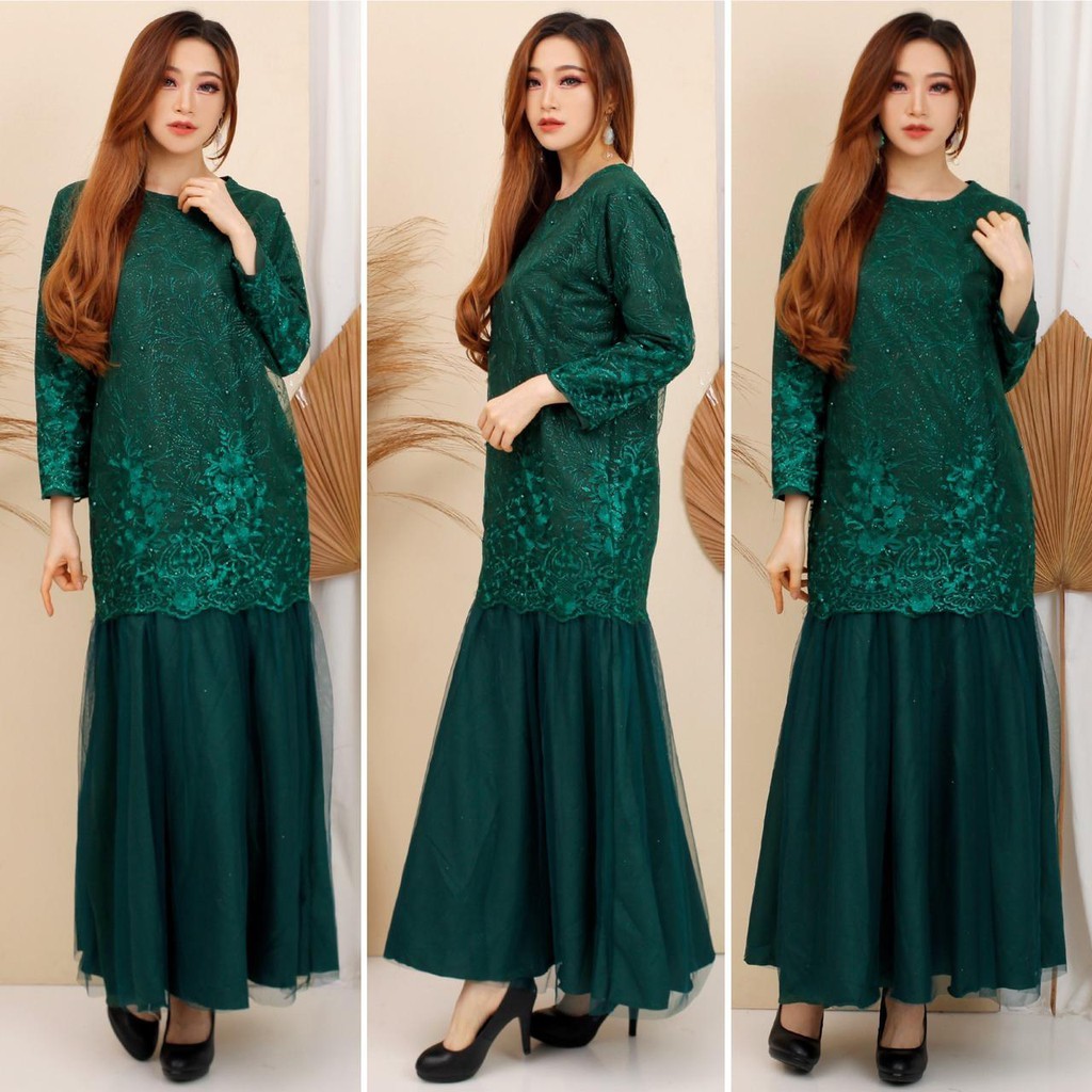 (FULL BRUKAT) Gamis Prilly Tille Duyung Premium Maxi Dress Brukat Tulle Bordir Gliter Fashion M