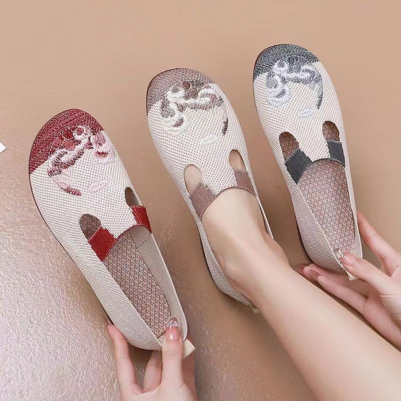 Sepatu Jaring Ibu Lansia - Sol Karet Anti Slip, Desain Bordir