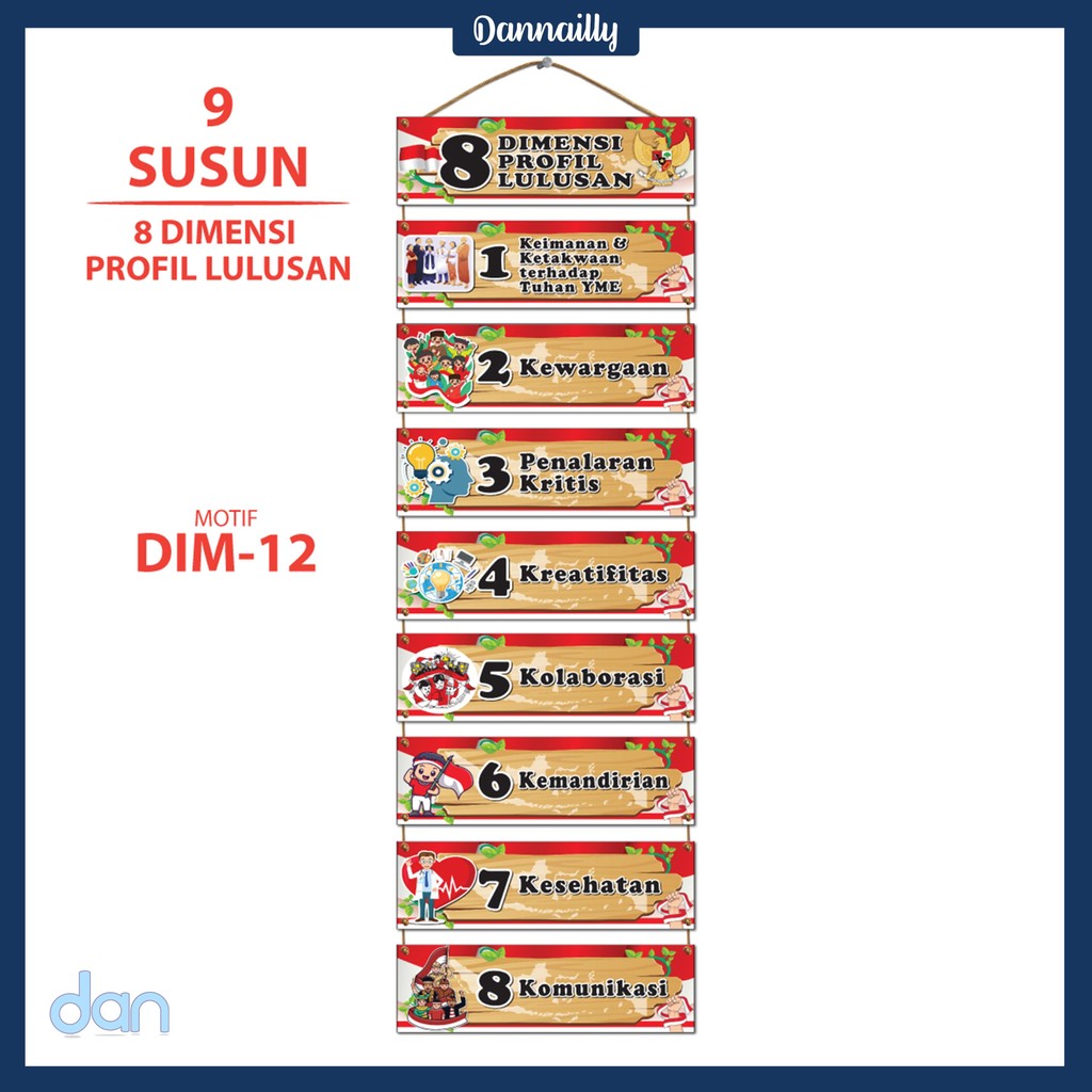 30x10 cm Jumbo Hiasan dinding 8 Dimensi Profil Lulusan 9 susun (30x10 cm dapat 9 papan) gantung tali
