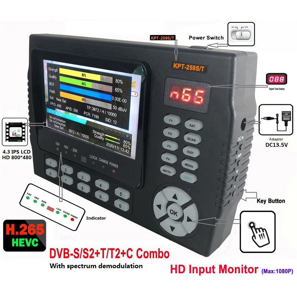 KPT-259ST Satellite Finder Dvb-s2 Dvb-t2 Dvb-c Finder Meter Satellite Tv Receiver Spectrum Analysis 