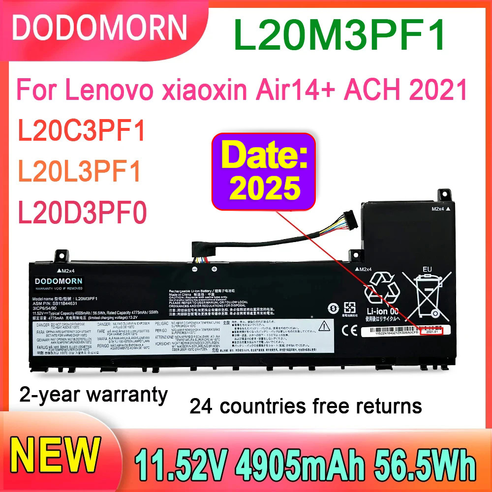 

DODOMORN L20M3PF1 Laptop Battery For Lenovo xiaoxin Air14+ ACH 2021 L20L3PF1 L20D3PF0 L20C3PF1 Full Capacity 11.52V 56.5Wh