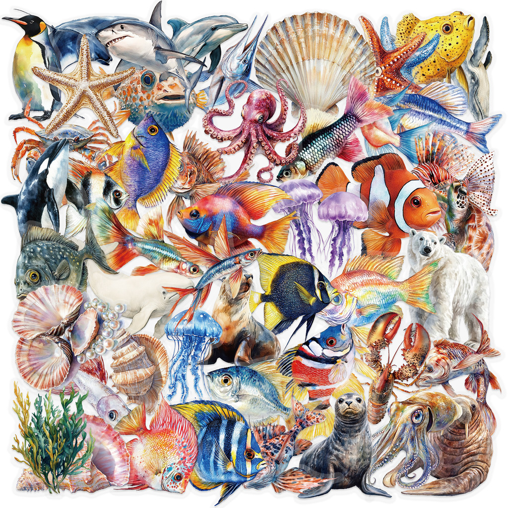 

50PCS Marine Life Stickers Octopus Shell Fish DIY Scrapbooking Stationary Travel Luggage Car Laptop Waterproof PET Sticker