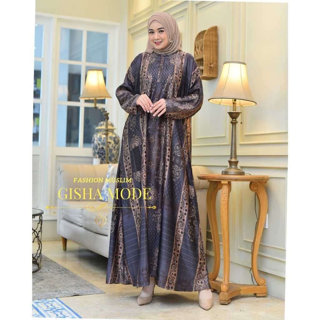 Gisha Collection-MEDINNA Gamis Abaya Bahan Silk Premium |Gamis Motif Jumbo Ld 130 cm Warna Navy,Crea