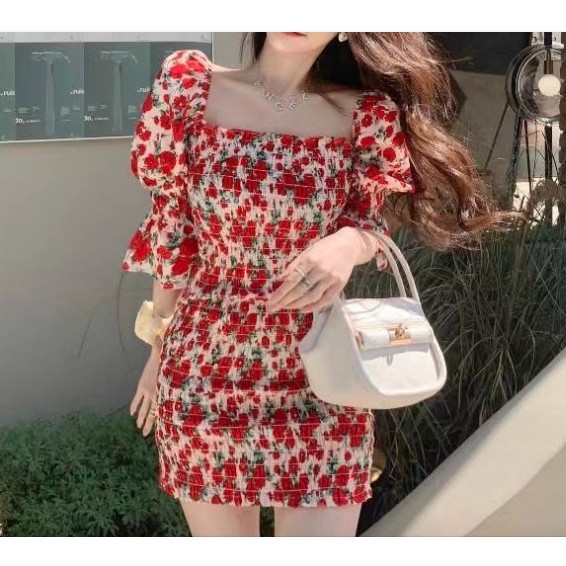 Sexy Bodycon Ruched Red Floral Mini Dress with Baloon Sleeve - Dress Casual Import Korean Style Fash