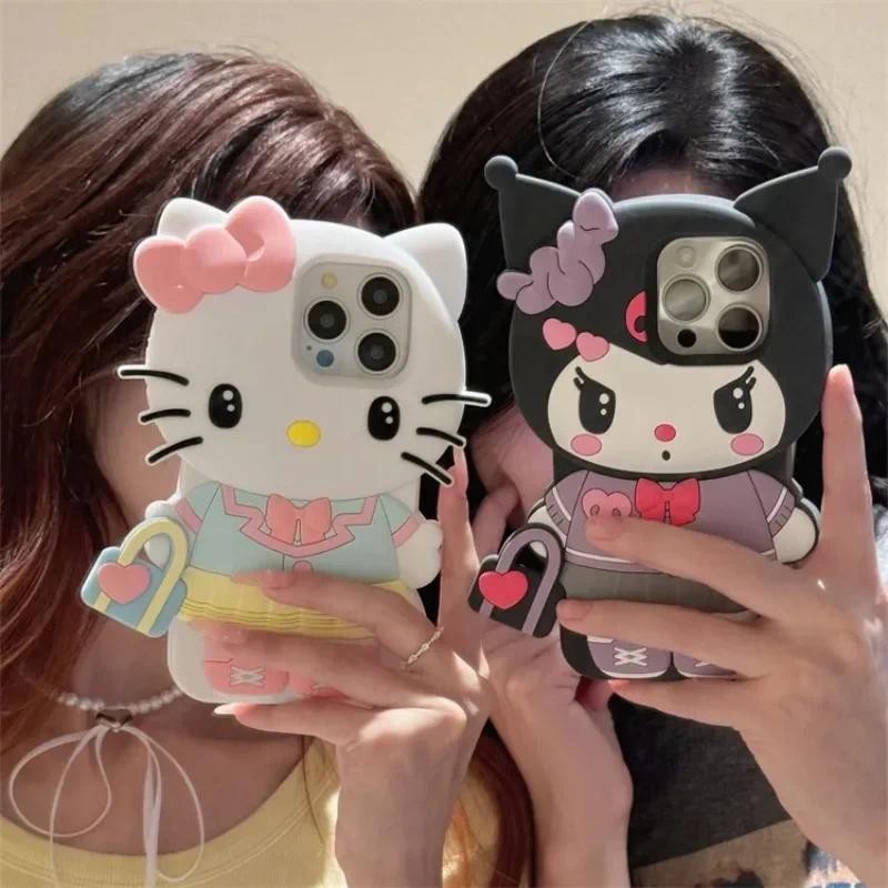 

Cute Cartoon 3D Stereo Kuromi Hello Kitty Phone Case for IPhone 16 15 14 13 12 11 Pro Max Soft Silicone Back Cover Funda