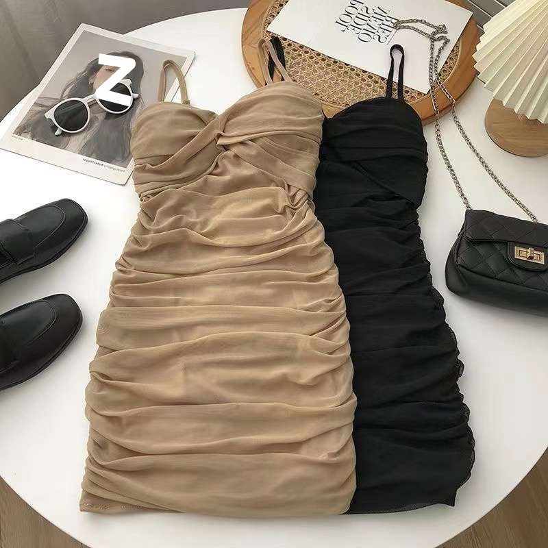 Sexy Ruched Sleeveless Mini Dress in Black Hitam and Brown Coklat Beige - Korean Style Fashion Korea