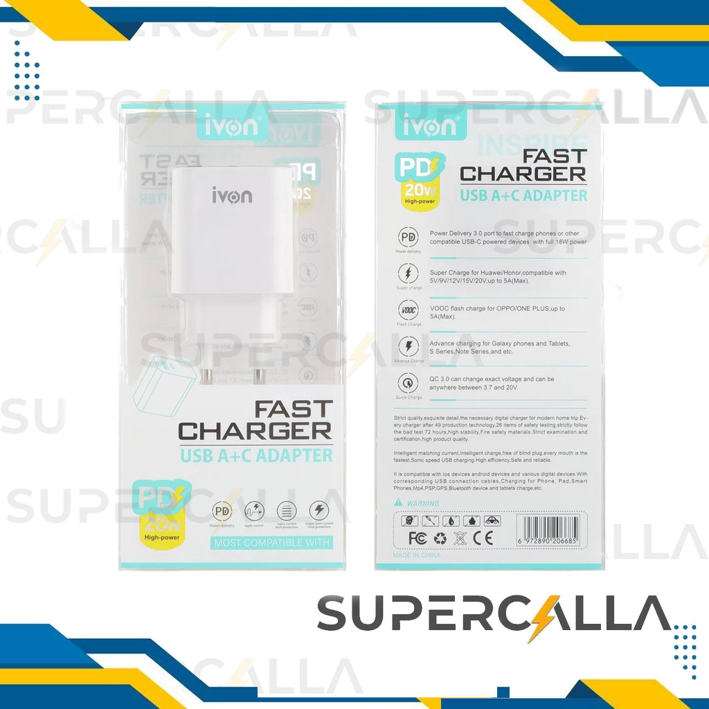 iVON PD 20W High-Power INSPIRE FAST CHARGER USB A+C ADAPTER iPhone Type-C Kepala/Batok Charger