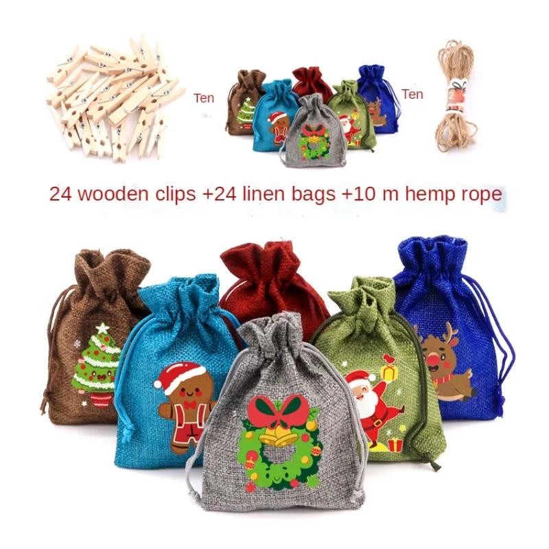

1set Christmas linen gift combination Bag Set 24 printed cloth bag + 24clips + 10m hemp rope Christmas party decoration Gift bag