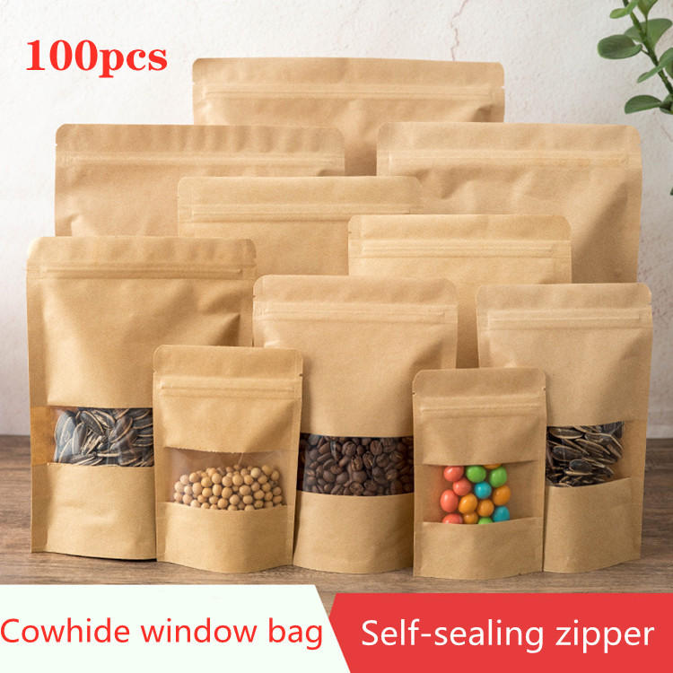 

100PCS Brown Kraft Paper Window Zipper Bags – Reusable Self-Sealing for Candy, Bread, Cookie & Gift Packaging