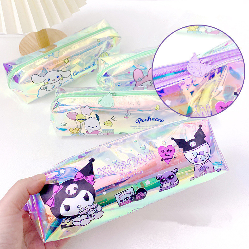 

Anime Kuromi Cinnamonroll Melody Laser Cartoon Kawaii Students Capacity Pen Bag TPU Single Layer Waterproof Transparent Pen Case