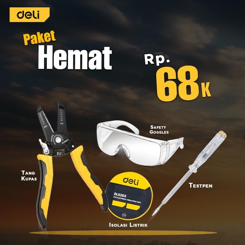 

[Exclusive Deli Hemat] Paket Hemat 68ribuan Alat Perkakas Deli Tools - Gunting Kupas Kabel, Kacamata, Obeng