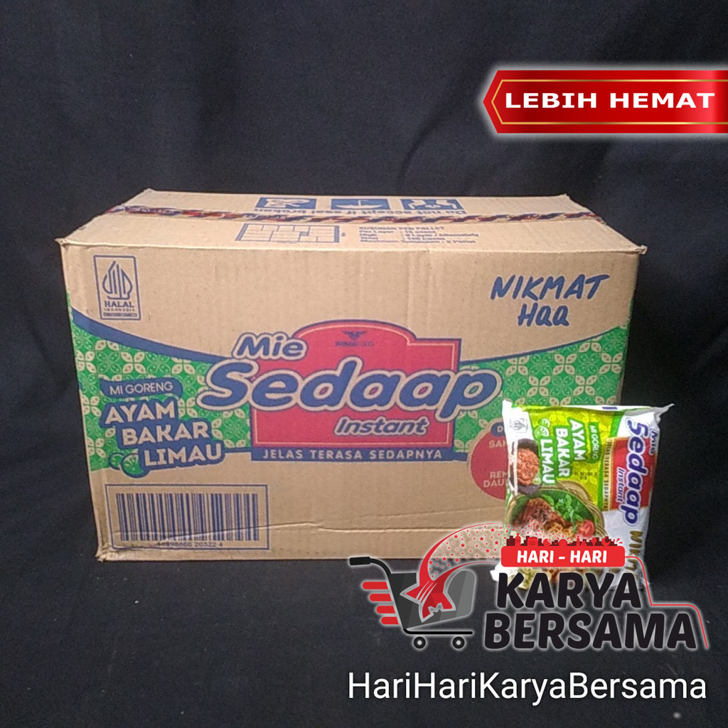 

MAKANAN MI INSTAN MIE SEDAAP SEDAP RASA AYAM BAKAR LIMAU PER KARTON ISI 40 PCS X 89GR