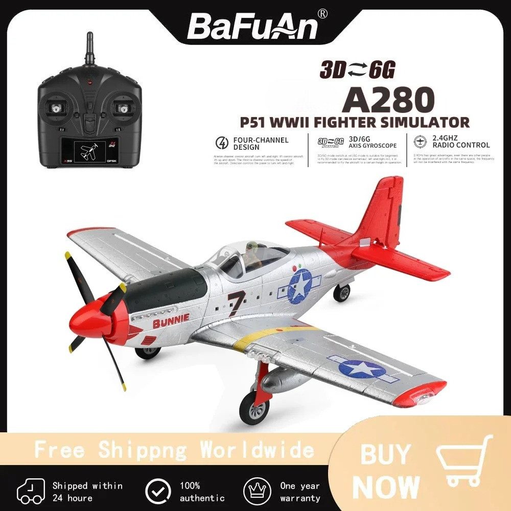 2.4G 4CH 3D6G Mode A280 RC Plane - P51 Fighter Simulator with LED Searchlight, RC Airplane for Child