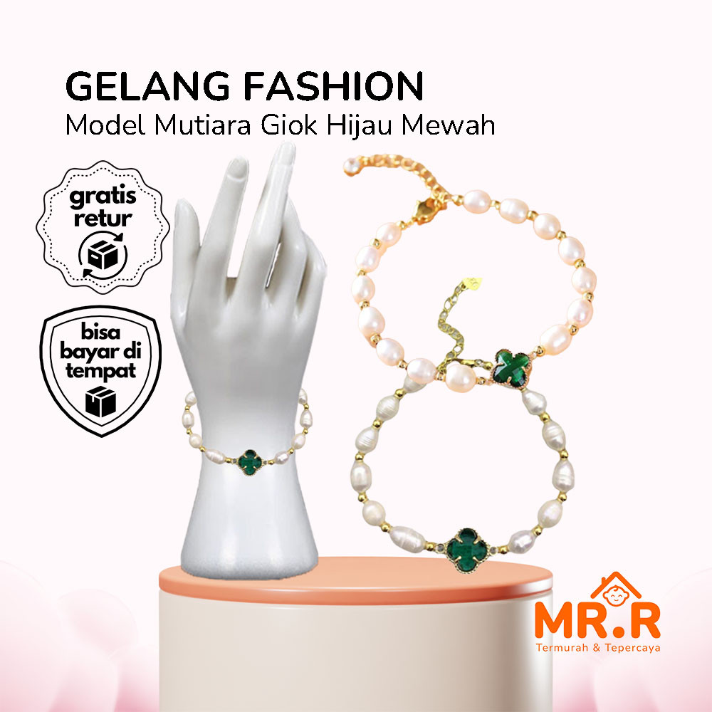 Gelang Giok Hijau Gelang Wanita Style Korea Giok Clover Gelang Tangan Wanita Giok Model Mutiara Akse