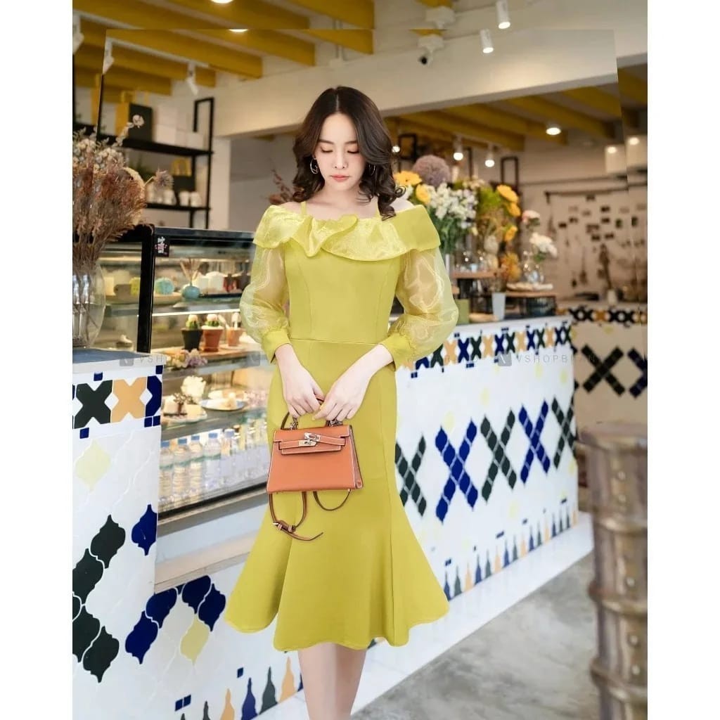 DRESS SPAN MIDI SCUBA ANGELA LENGAN PANJANG TILE OUTFIT WANITA DEWASA REMAJA HITS KEKINIAN TERBARU