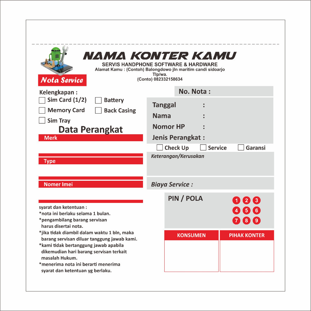 

Nota servis hp Custom Nama konter sendiri ukuran 1/6 polio 10 x 11 cm buku nota servis hp cetak nota servis hp nota servis nota toko servis hp nota servis ponsel