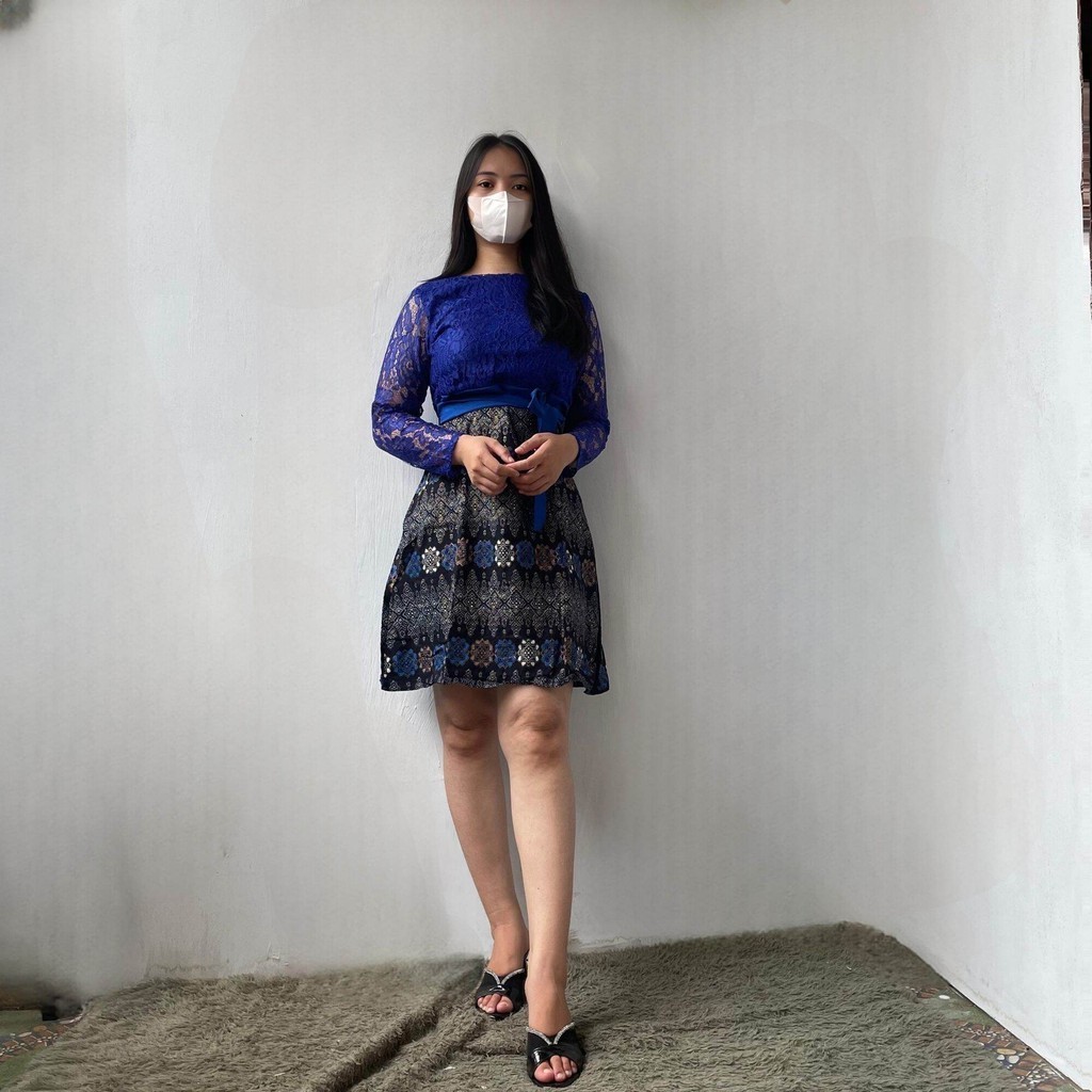 Dress Batik Motif Toraja Brokat Pesta Lengan Panjang Mini Dress Remaja Natal Gaun Kondangan Aline Zh