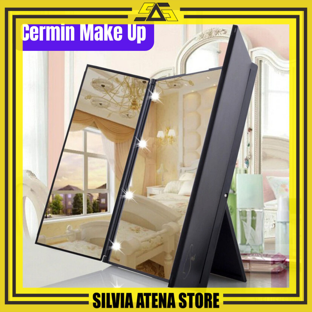 SILVIA ATENA STORE-Cermin Makeup + LED Portable Lampu Foldable Mirror Ring Light Make up Rias Kaca C