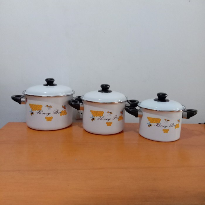 panci set enamel / Kedaung, MEREBUS HERBAL, makanan, motif honey bee