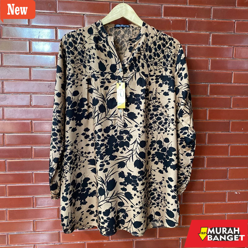 setelan cewek setelan wanita yg kekinian- Atasan wanita jumbo Blouse motif bunga-bunga daun kemeja l