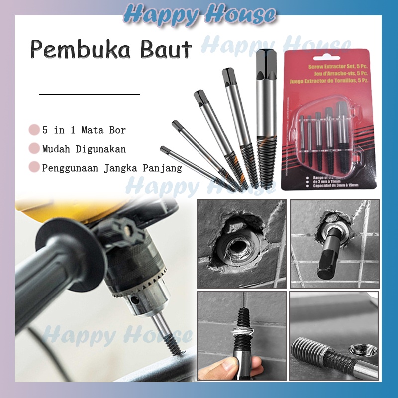 Set Mata Bor Extractor Broken Screw Remover 5 in 1 / Screw Extractor Set Pembuka