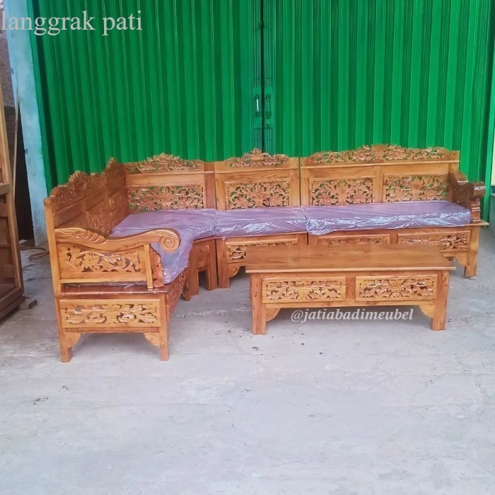 Set Kursi Tamu Sudut Ukir Kayu Jati, Kursi Sofa Tamu L Kayu Jati - Tanpa Busa murah