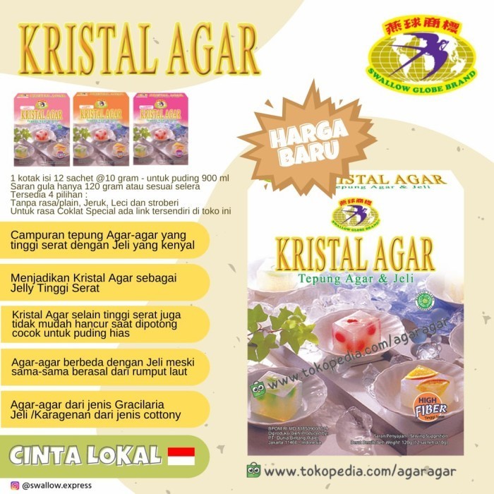 

TERJUAL KRISTAL AGAR JELLY - SWALLOW GLOBE Sekotak isi 12 Sachet - Leci