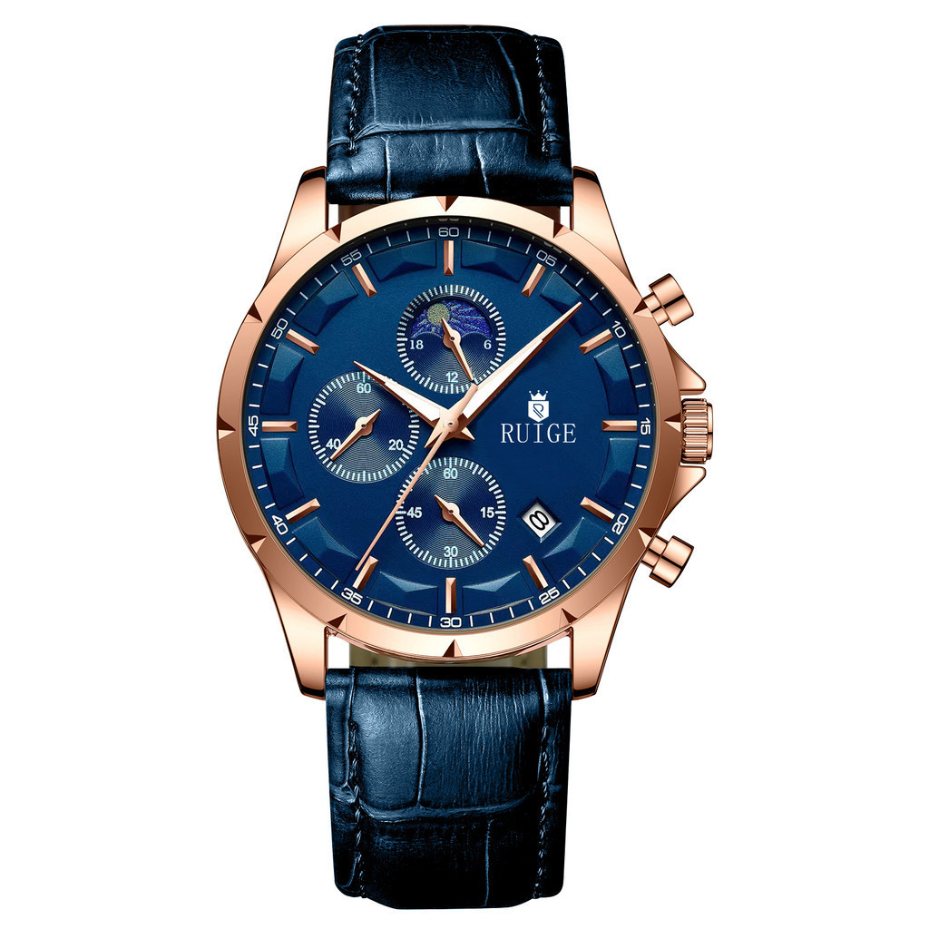 New Multi functional Men's Quartz Watch Authentic Leather Glow Trend Men's Watch Waterproof Blue Men