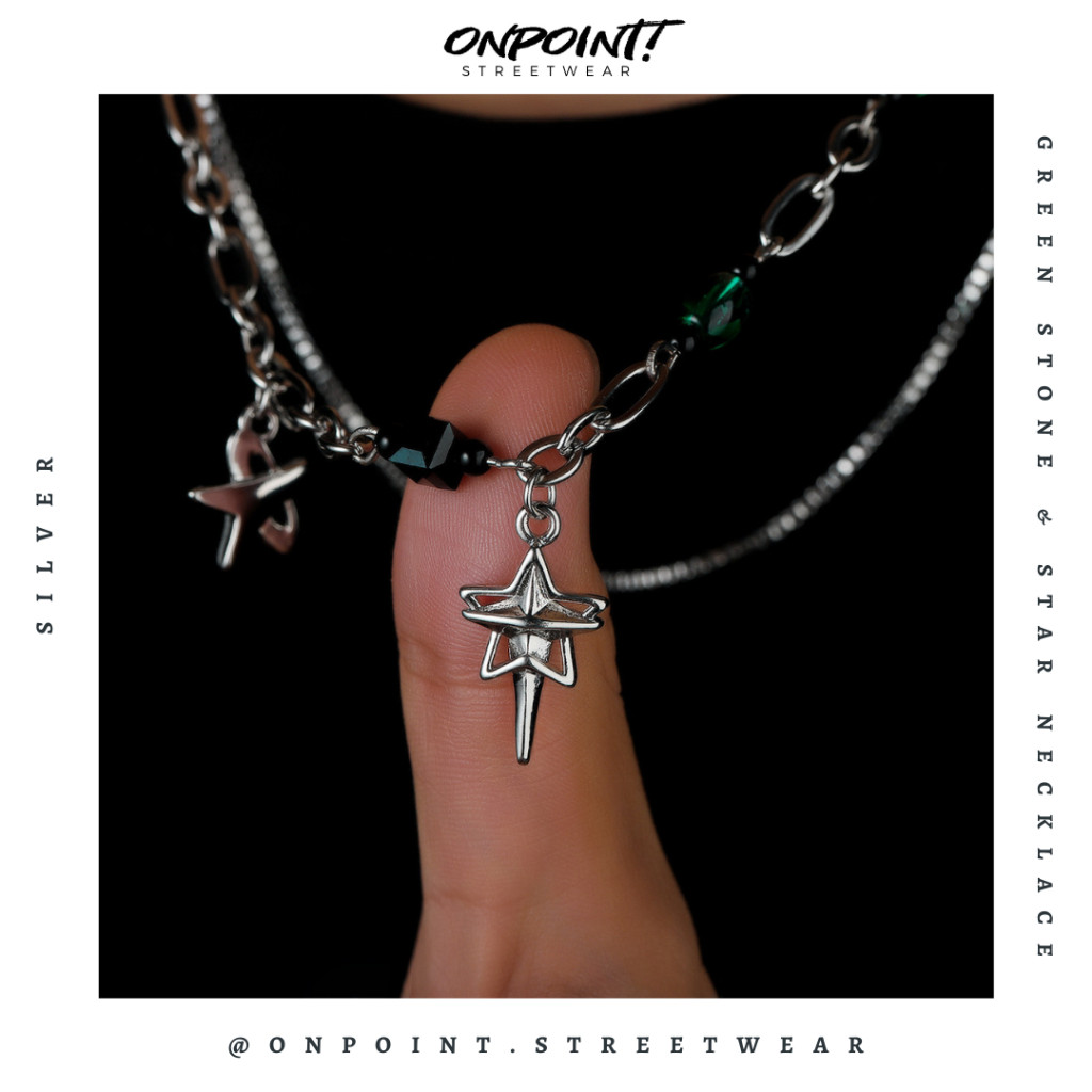 Green Stone Necklace - kalung pria aksesoris pria fashion silver korea streetwear kalung necklace pe