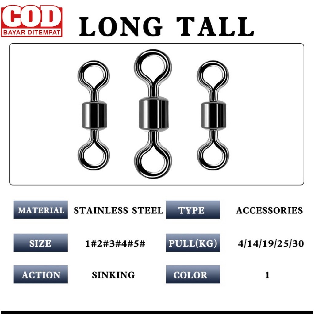 10pcs- 1 bungkus kili pancing bentuk angka 8 bahan stainless steel rolling swivel anti karat #5 #8