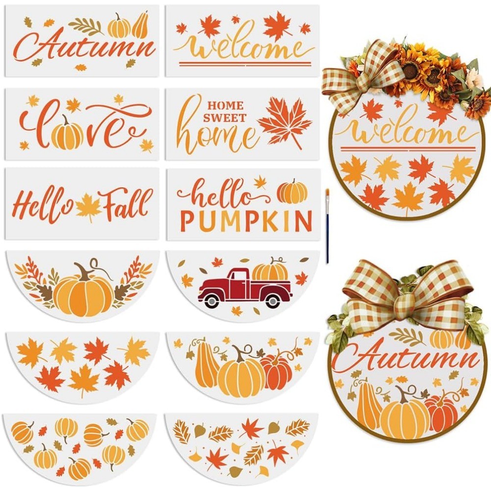 

12pcs Autumn Pumpkin Welcome Stencil for Painting On Wood 12inch Half Round Fall Pumpkin Maple Leaves Drawing Templates Free