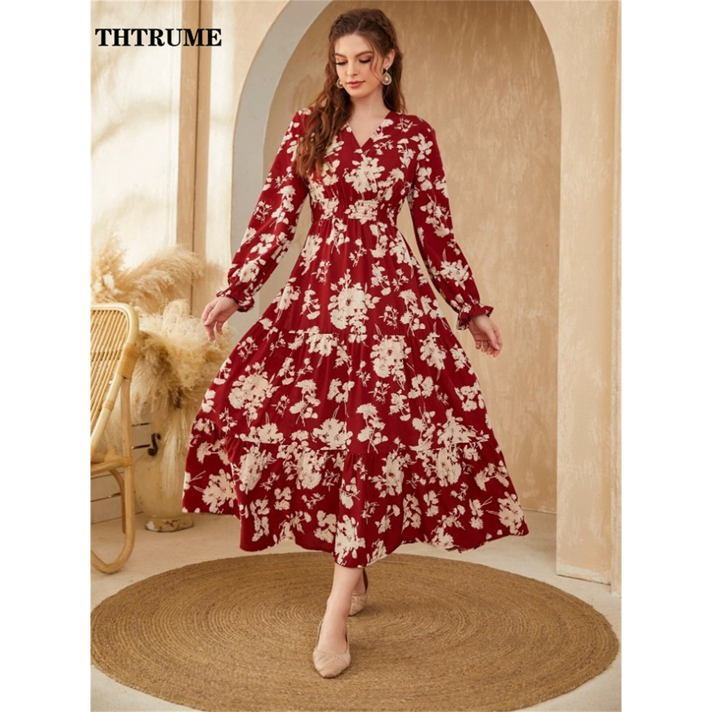 

Fashion Floral Print Dress Elegant Long Sleeve Sexy V-Neck Autumn Winter Boho Maxi Dresses Casual Holiday A-Line 2024 New Robe