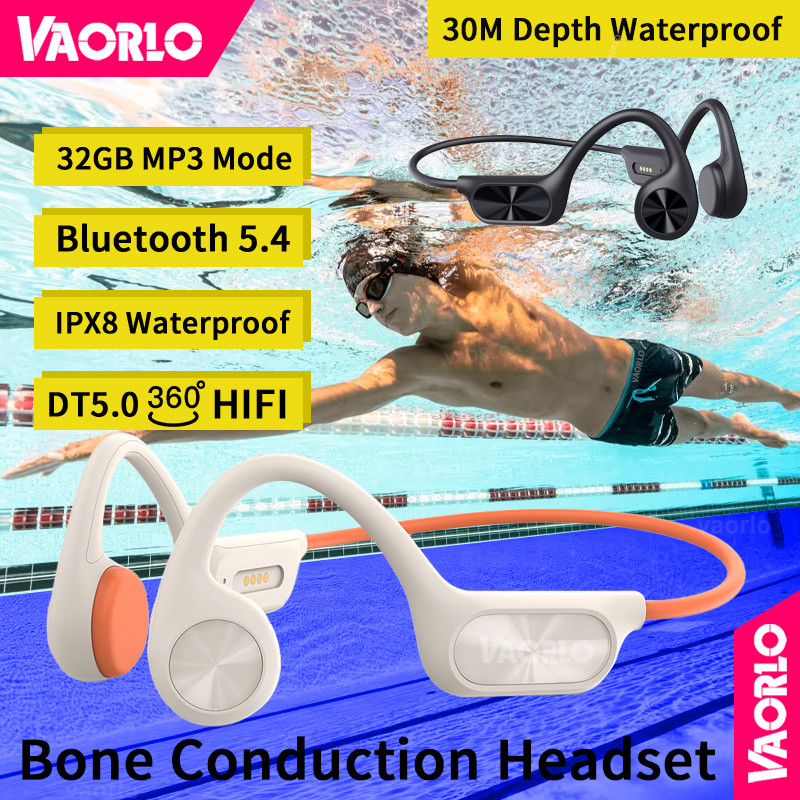 VAORLO Bluetooth 5.4 Bone Conduction Headset IPX8 Waterproof Built-in 32GB Memory MP3 HIFI DT5.0 360