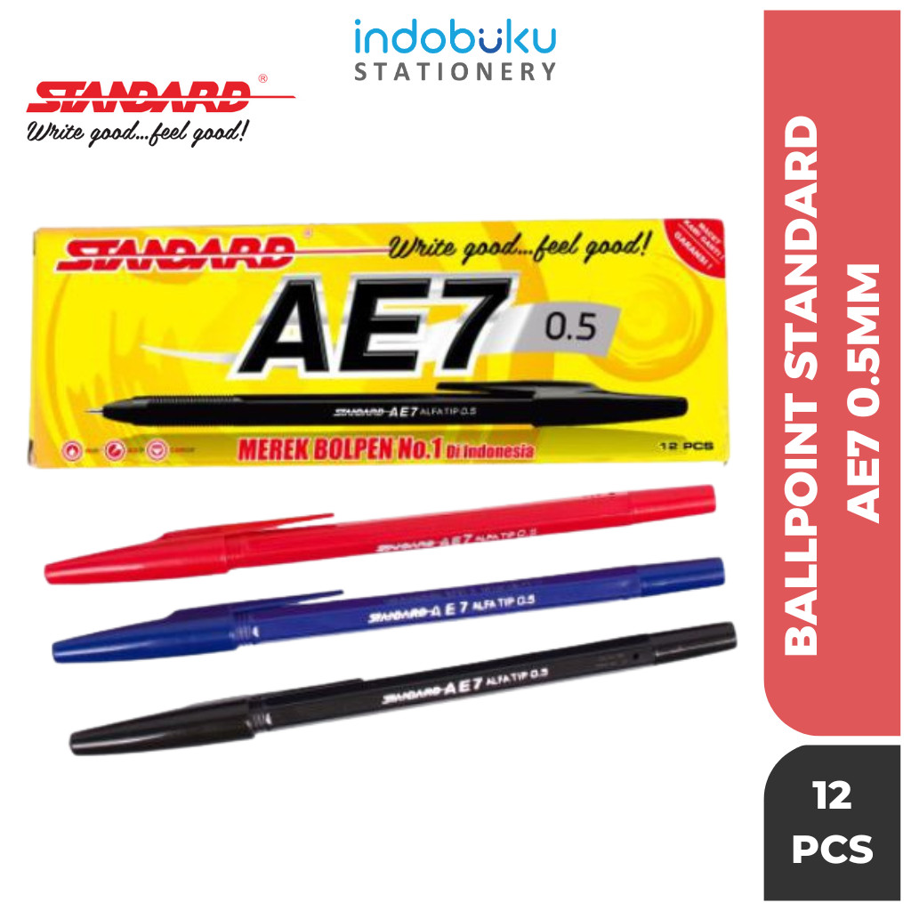 

( 12 Pcs ) Pulpen Standard AE7 / Bolpen Standard AE7 0.5mm Original Hitam Biru Merah