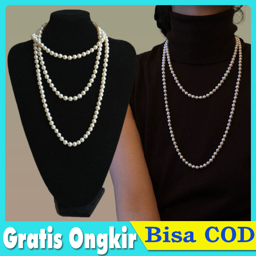 Kalung Mutiara Putih Panjang Wanita Sequinn Pesta Aksesoris Flapper Great Gatsby / Kalung Full Mutia