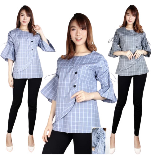 KEMEJA WANITA MOTIF KOTAK - KOTAK BERBAHAN KATUN / BAJU KEMEJA CASUAL .