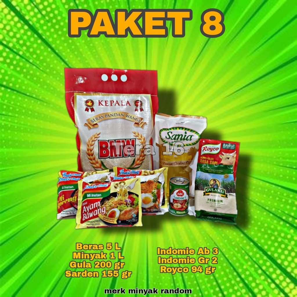 

paket 8 /beras/ minyak /gula/ sarden /royco /indomie /paket sembako /murah/ paket lebaran/ hampers
