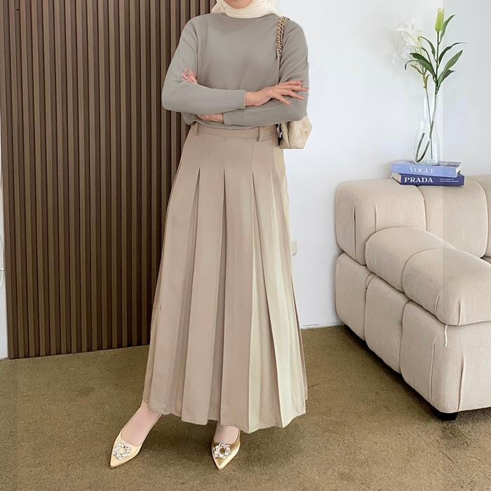 Aleka - Nana Skirt | Rok A-line | Korean Skirt | Rok Lipit Panjang - Beige, S-M
