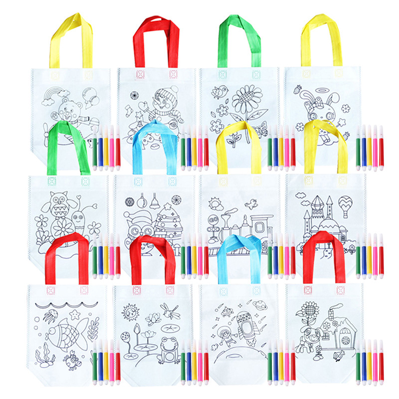 

1PC DIY Graffiti Non-woven Bag with Coloring Marker Carnival Animal Art Party Goodie Bag for Kids Eco Reusable Mini Shopping bag