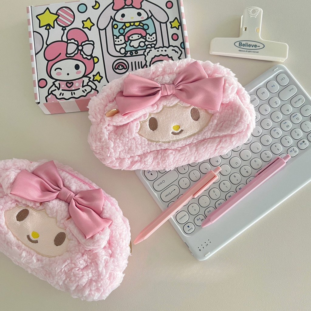 

sanrio plush lamb piano pencil case for girls, cute large capacity cartoon stationery bag, high beauty makeup bag kawaii bag