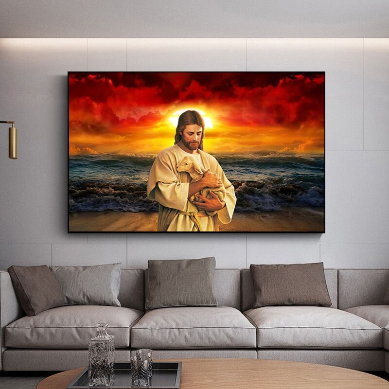 

Framed Jesus Herding Sheep Canvas Art Classic Christian Religious Wall Decor Poster Print for Home Decoration