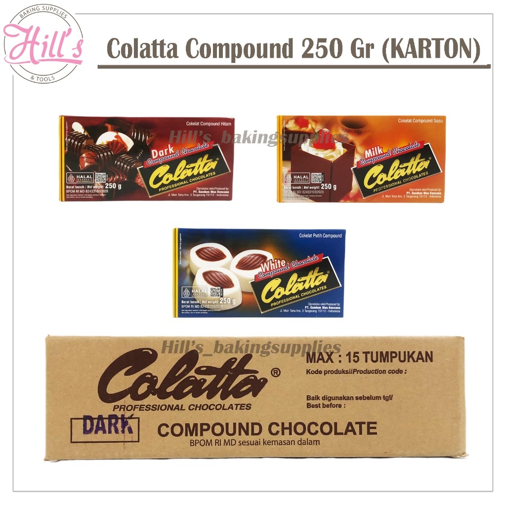

( KARTON ) COLATTA 250 GR CHOCOLATE COMPOUND DARK MILK WHITE / COLATA CHOCO COMPOND / COKLAT SUSU PUTIH BATANG MASAK 250GR
