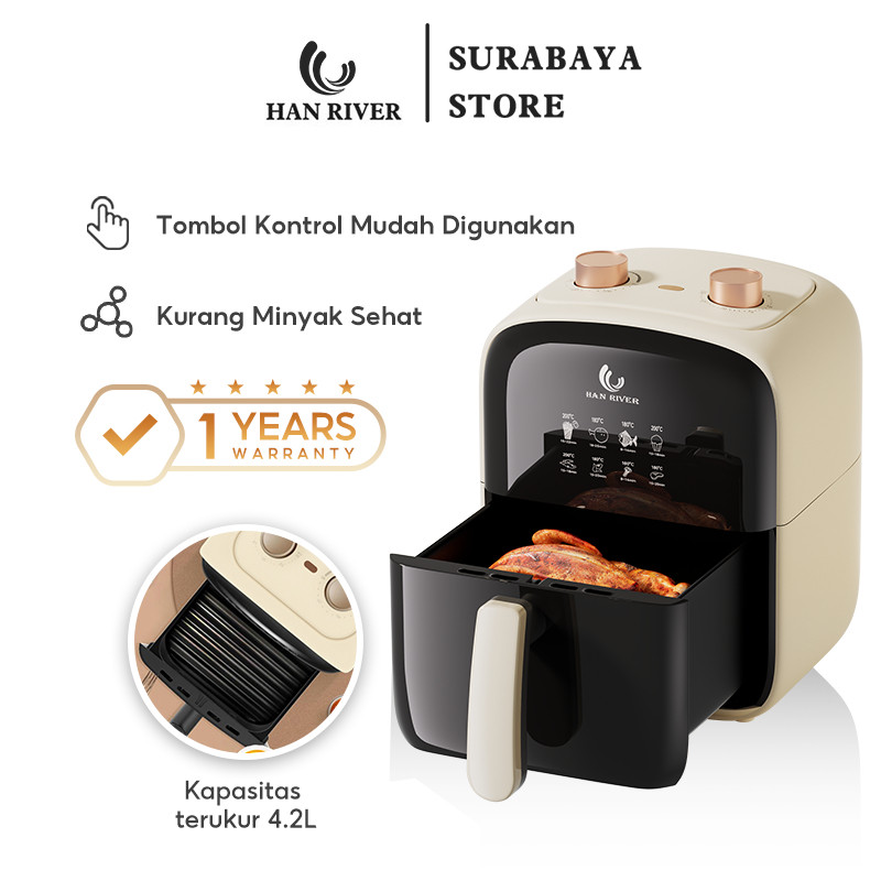 HAN RIVER Air Fryer 4.2L Kapasitas Dual Knob Control Anti Lengket 360° Hot Air Circulation HRAF03WT