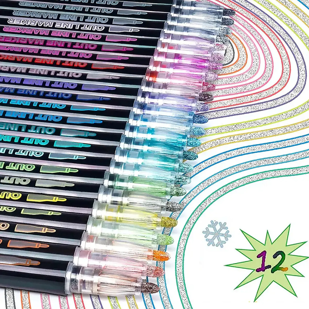 

12 Colors double line outline Metallic Highlighter marker pens, Super Squiggles Double Line Pen, Magic Glitter Drawing Pens