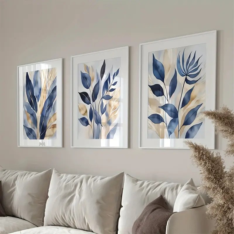 

3 Pcs /Set Frameless Blue and Light Gold Watercolor Plants Abstract Flowers Canvas Poster Picture Wall, Suitable for Modern Livi