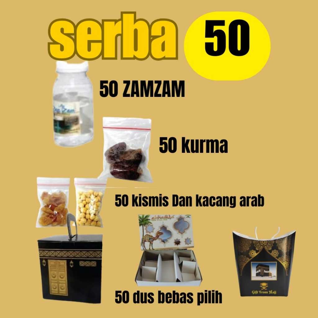 

50 pcs paket hemat premium oleh Oleh haji dan umroh + kurma+kismis+kacang arab+air zamzam dus souvenir ekonomis untuk bingkisan