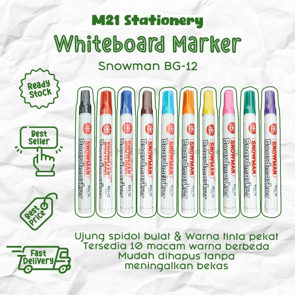 KlikIniAja SPIDOL WHITEBOARD SNOWMAN BG12 / ORIGINAL WARNA TINTA WARNA WARNI SEPIDOL MARKER PAPAN TU