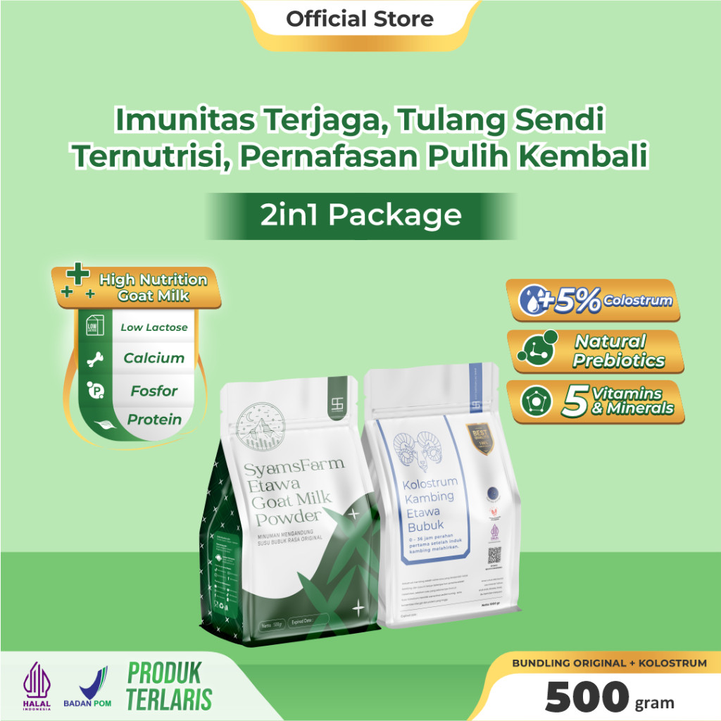 

Ternak Syams - 2in1 Package High Immune Max Calcium Mendapatkan Susu Kambing Etawa Original 500g & Etawa Kolostrum 500g tulang sendi otot pernafasan asma syaraf kejepit osteoporosis kerapuhan susu lansia radang pergelangan sendi lutut pinggang