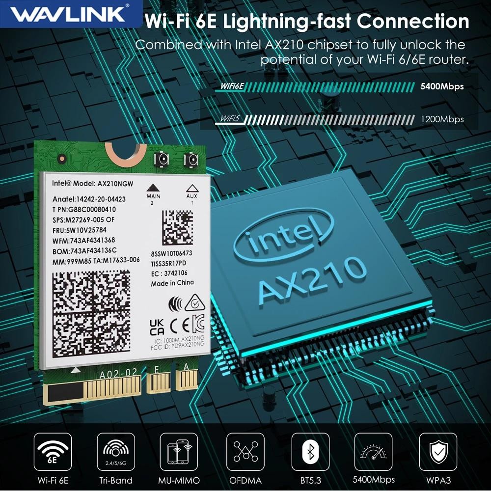 WAVLINK WiFi 6E Intel AX210 M.2 Wireless Card Tri-Band 5400Mbps 2.4GHz/5GHz/6GHz Network Adapter Blu